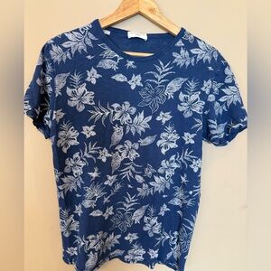 SELECTED HOMME Indigo Floral Print Shirt Size L Shnnathan Tee Blue White